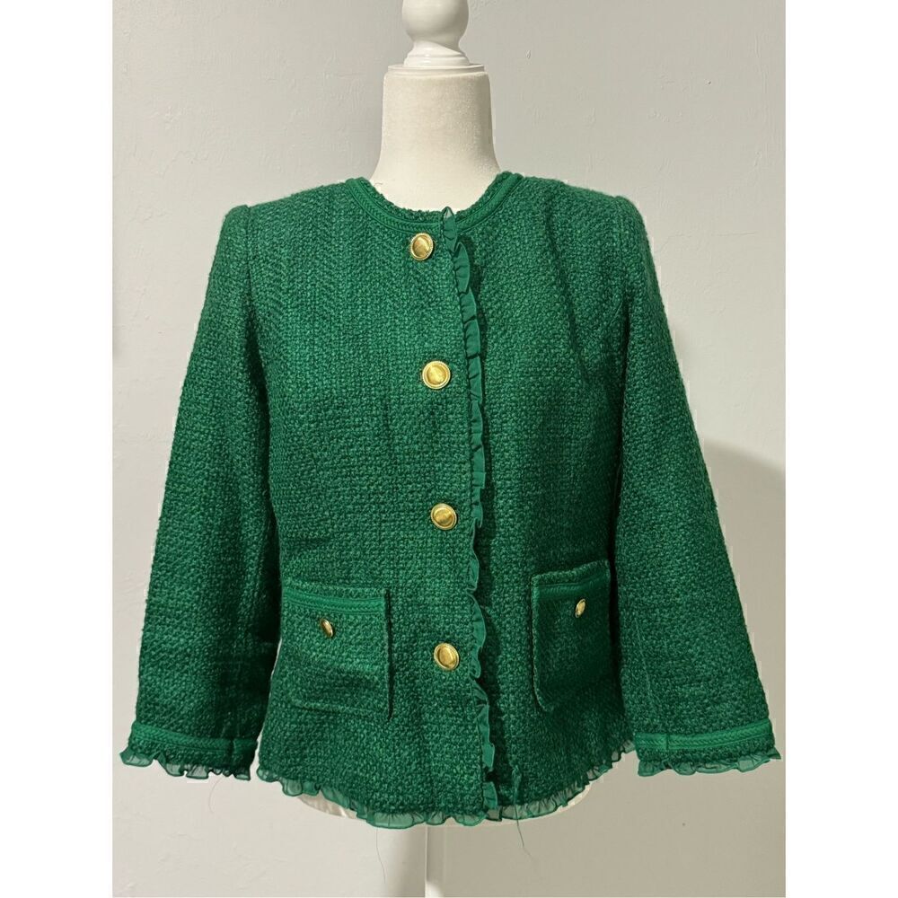 Joan Rivers Green tweed blazer jacket  gold buttons wool blend 6